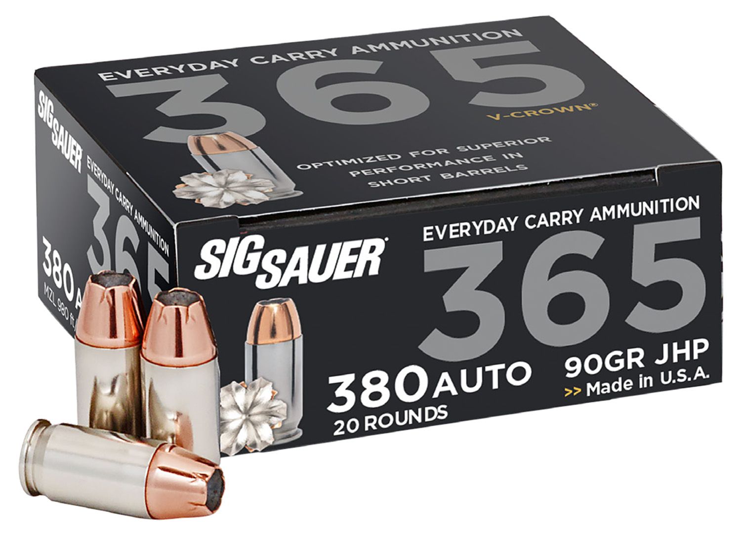 Sigarms Elite Performance 365 Pistol Ammunition E380A136520, 380 ACP, V Crown Jacketed Hollow Point, 90  GR, 980  fps, 20 Rd/bx