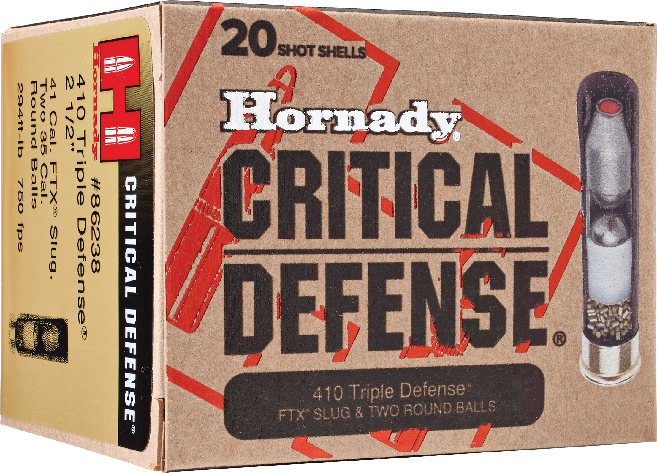 Hornady Critical Defense Shotshells 86238, 410 Gauge, 2-1/2", 750 fps, FTX Slug & 2 Round Balls, 20 Rd/bx