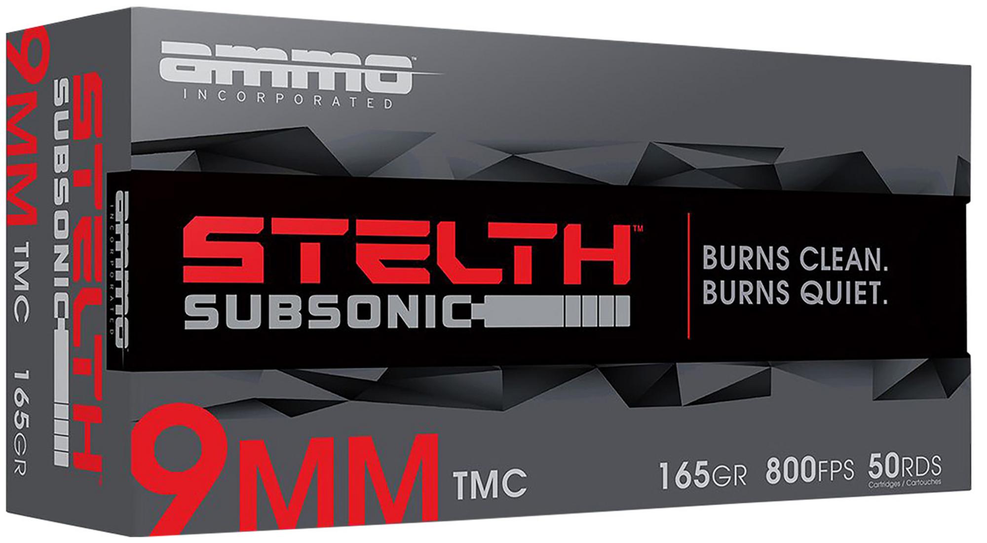 Ammo Inc Stelth Pistol Ammunition 9165TMCSTL, 9mm Luger, Total Metal Case, 165 gr, 800 fps, 50 Rd/Bx