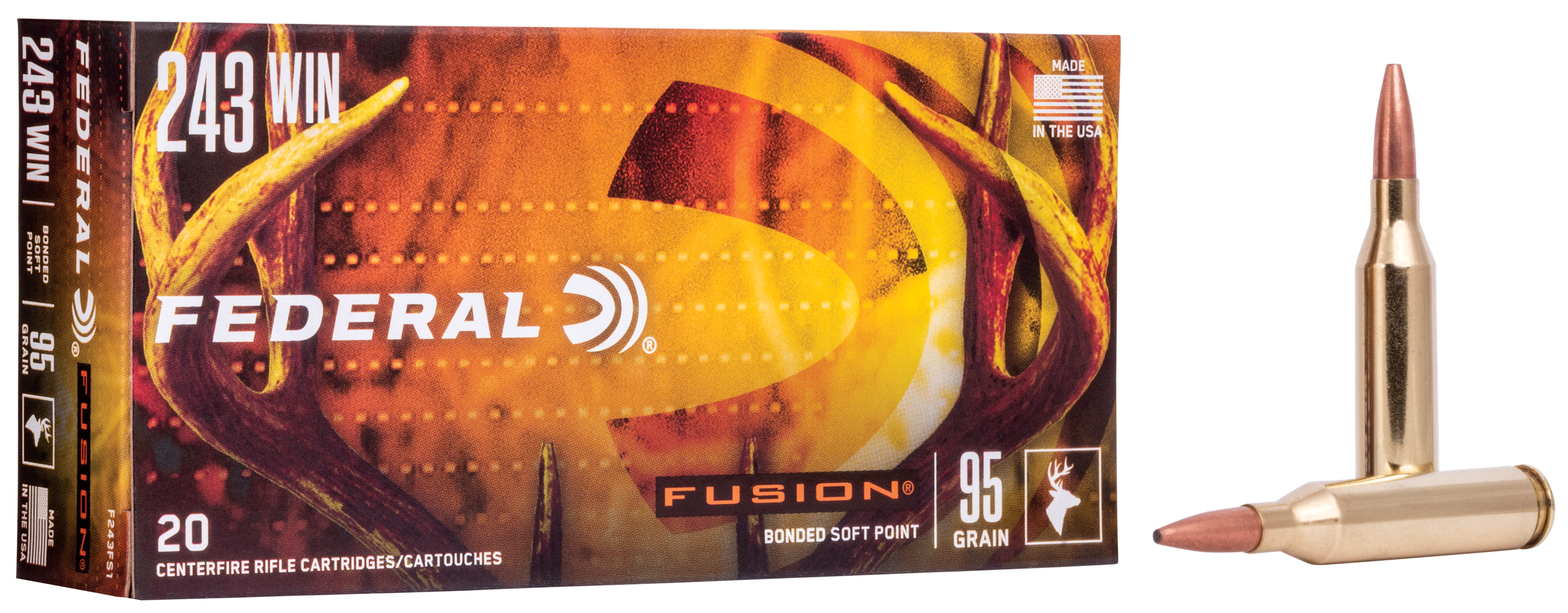 Federal Fusion Rifle Ammunition F243FS1, 243 Winchester, Fusion Ammunition, 95 GR, 2980 fps, 20 Rd/bx
