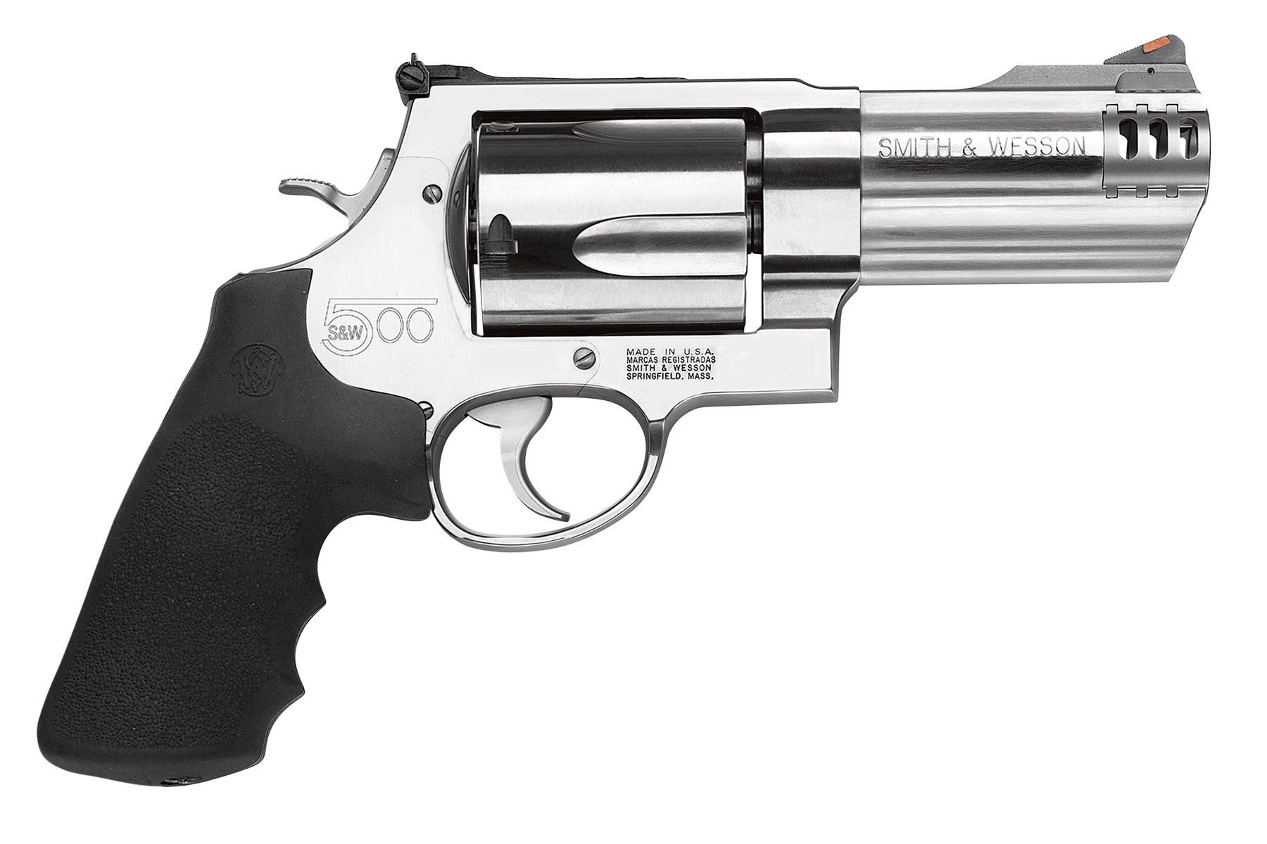 Smith & Wesson 500 Revolver 163504, 500 S&W, 4", Rubber Grip, Satin Stainless Finish, 5 Rd