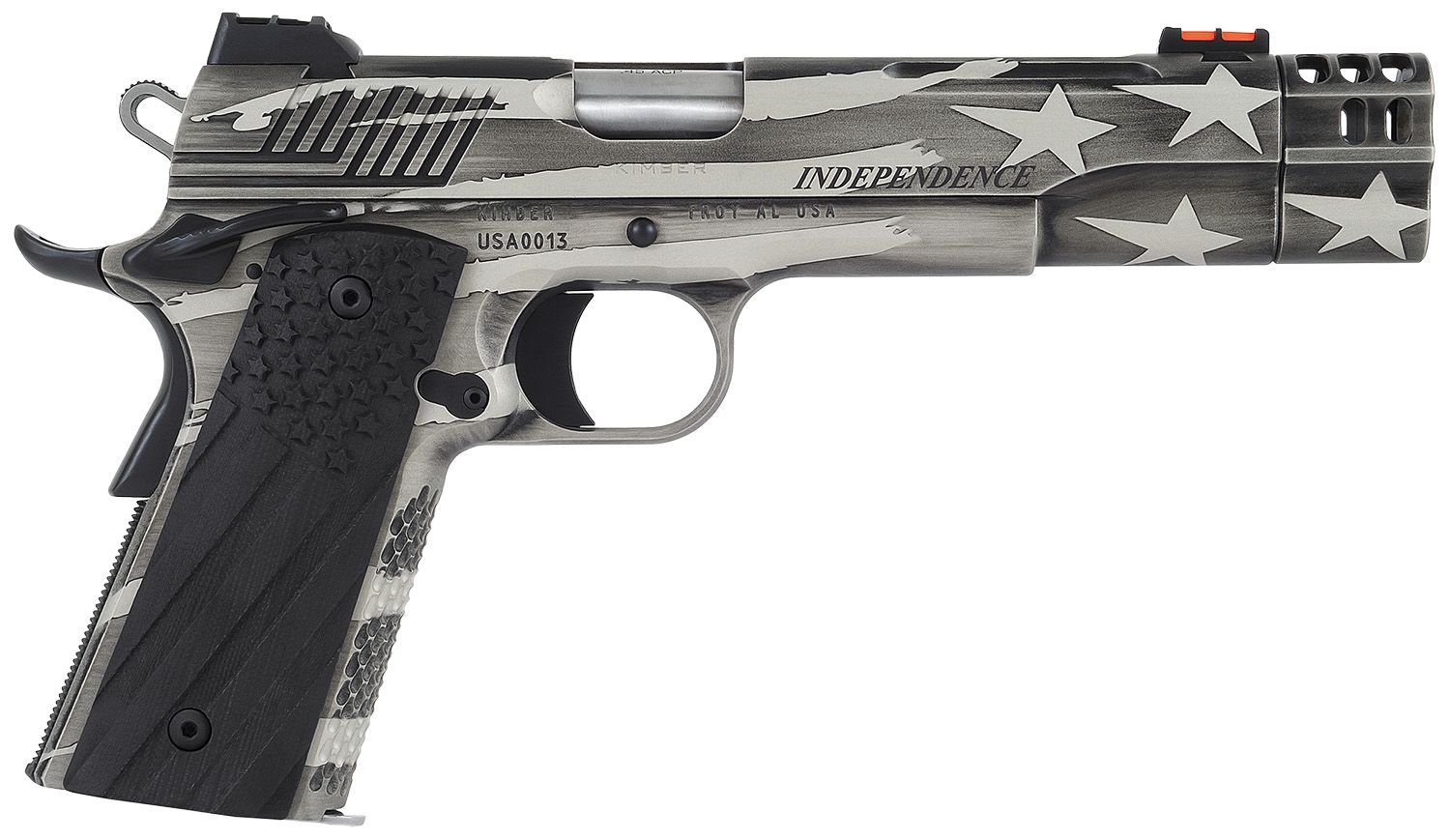 Kimber Independence 1911 Pistol 3700840, 45 ACP, 5in, nc 3700840 Independence 1911  45 ACP 8+1 5" Rear Serrations Stainless Steel Slide Custom Flag Themed Cerakote G-10 Grips, Custom Flag Themed Cerak