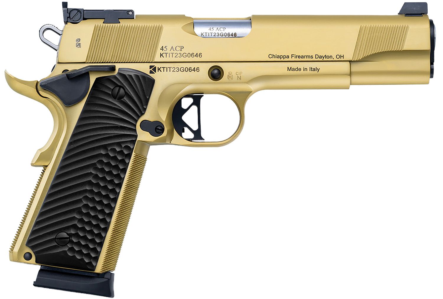 Chiappa 1911 Empire Grade Pistol 440182, 45 ACP, 5in, Black G10 Grips, Gold PVD Finish, 8 Rds