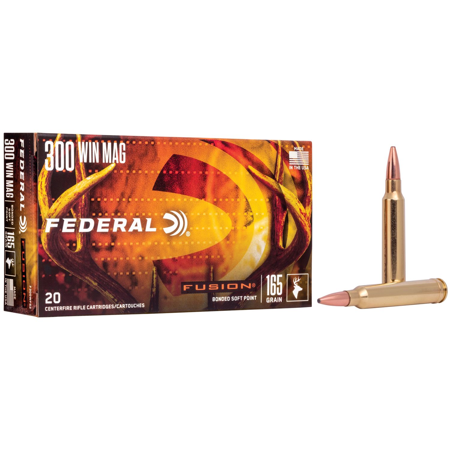 Federal Fusion Rifle Ammunition F300WFS2, 300 Winchester Mag, Fusion Ammunition, 165 GR, 3080 fps, 20 Rd/bx