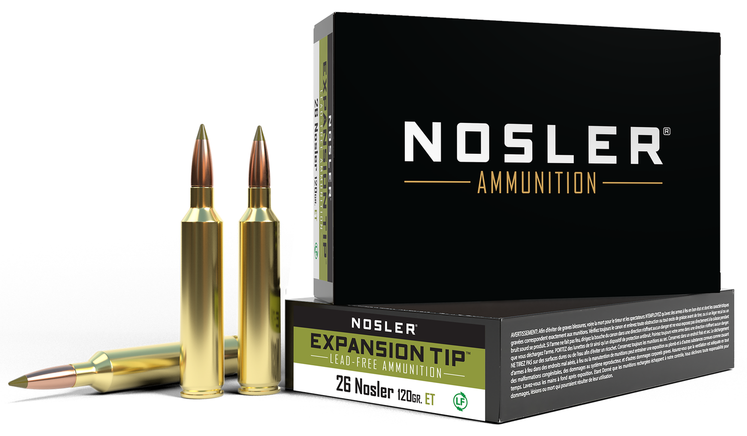 Nosler E-Tip Rifle Ammunition 40302, 26 Nosler, E-Tip Lead-Free, 120 gr, 3450 fps, 20 Rd/Bx
