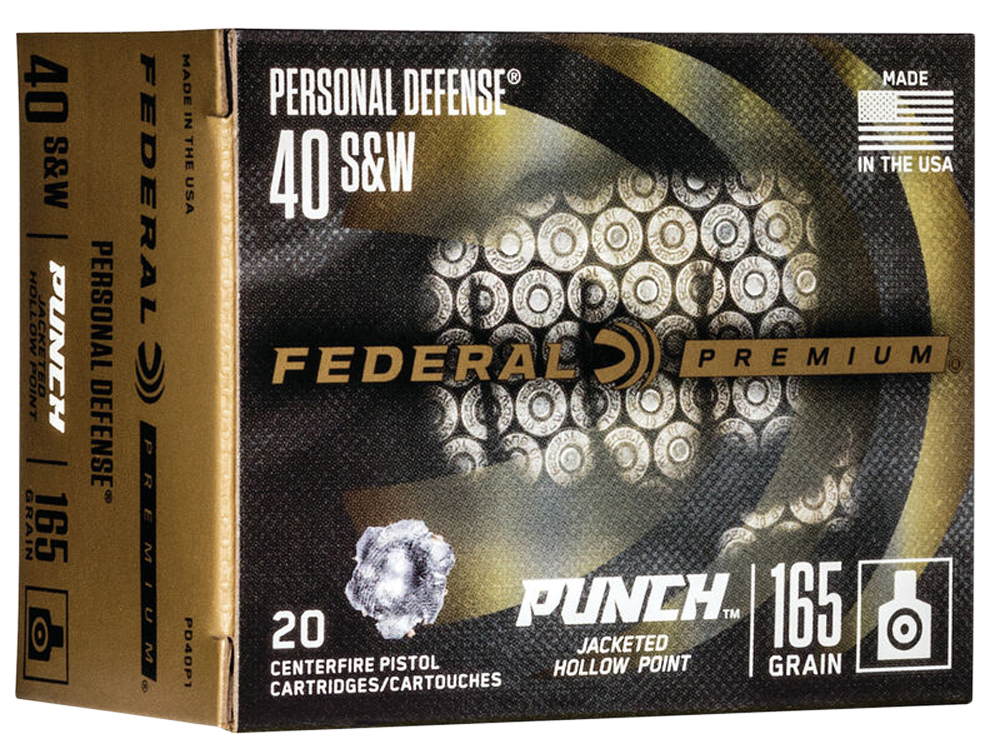 Federal Personal Defense Punch Pistol Ammunition PD40P1, 40 Smith & Wesson, Jacketed Hollow Point (JHP), 165 GR, 20 Rd/bx