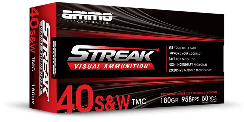 Ammo Inc Streak Visual (RED) Pistol Ammunition 40180TMCSTRKRED50, 40 S&W, Total Metal Case, 180  GR, 958  fps, 50 Rd/bx