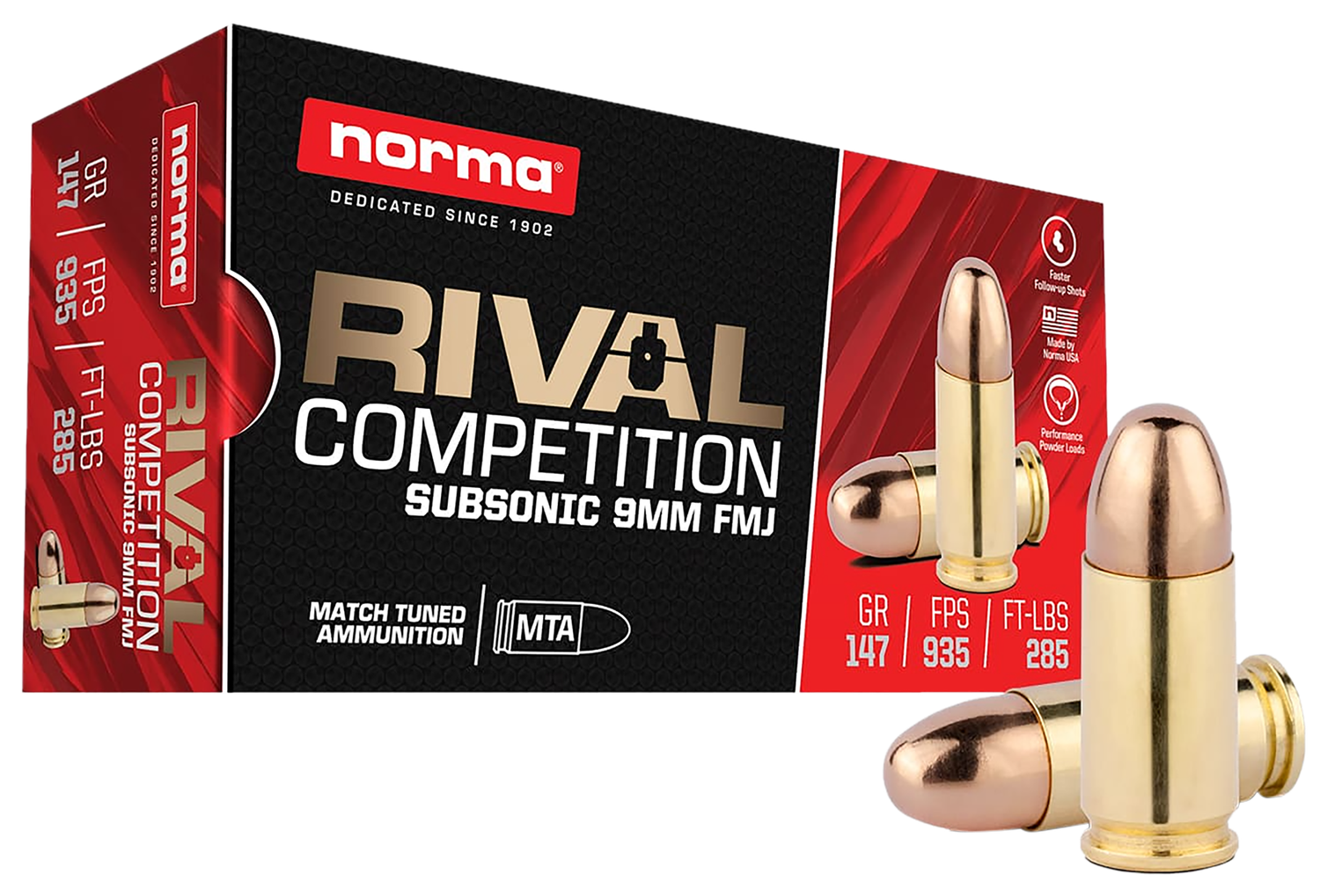 Norma Rival Competition Pistol Ammunition 801906402, 9mm, Full Metal Jacket, 147 gr, 935 fps, 50 Rd/Bx