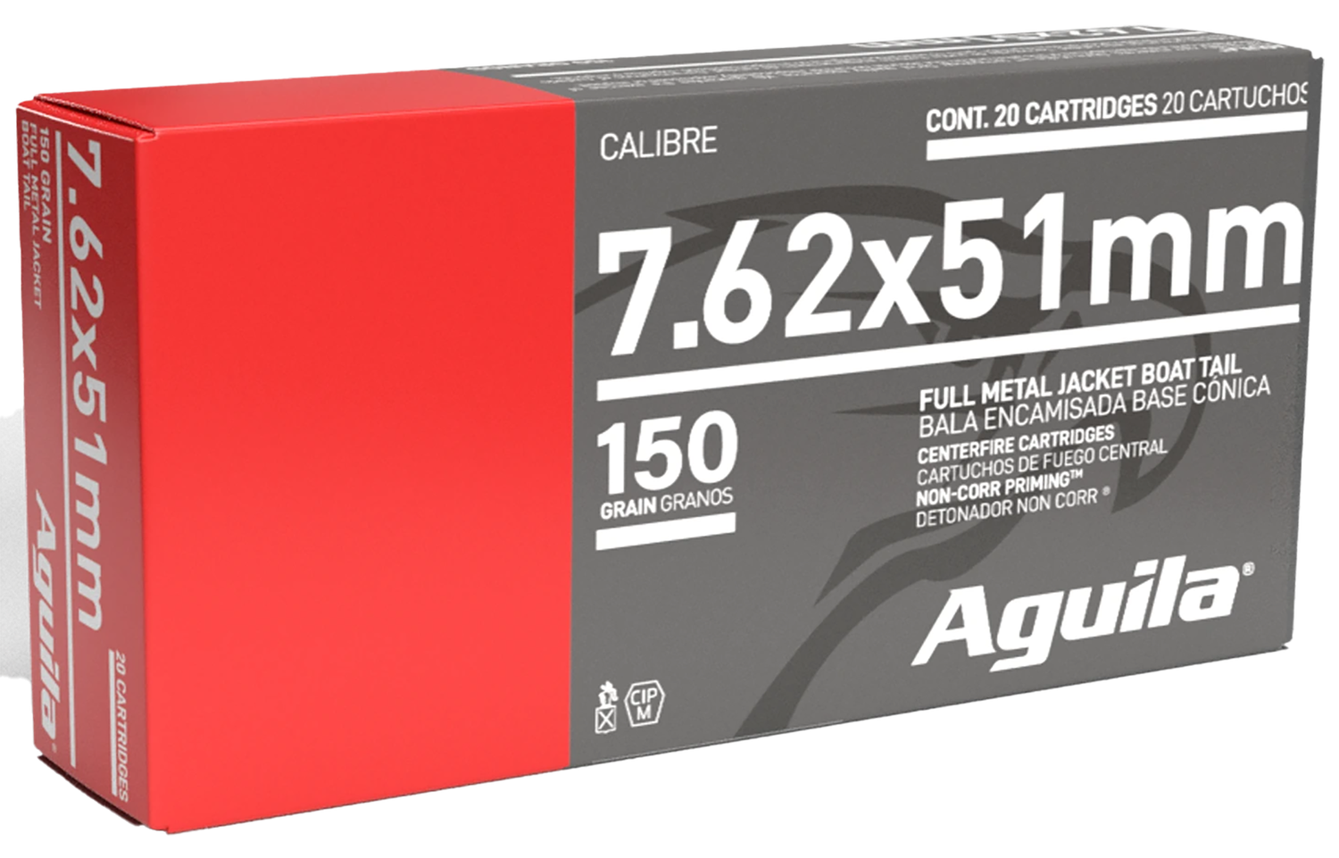 Aguila Rifle Ammunition 1E762110, 7.62mmX51mm NATO, Full Metal Jacket Boat Tail, 150 GR, 2750 fps, 20 Rd/bx