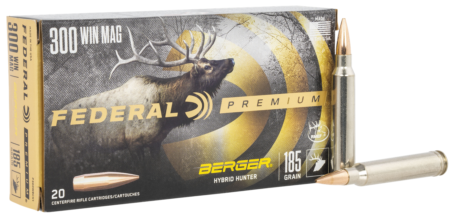 Federal Premium Berger Hybrid Rifle Ammunition P300WBCH1, 300 Win Mag, Berger Hybrid, 185 GR, 2950 fps, 20 Rds/Bx
