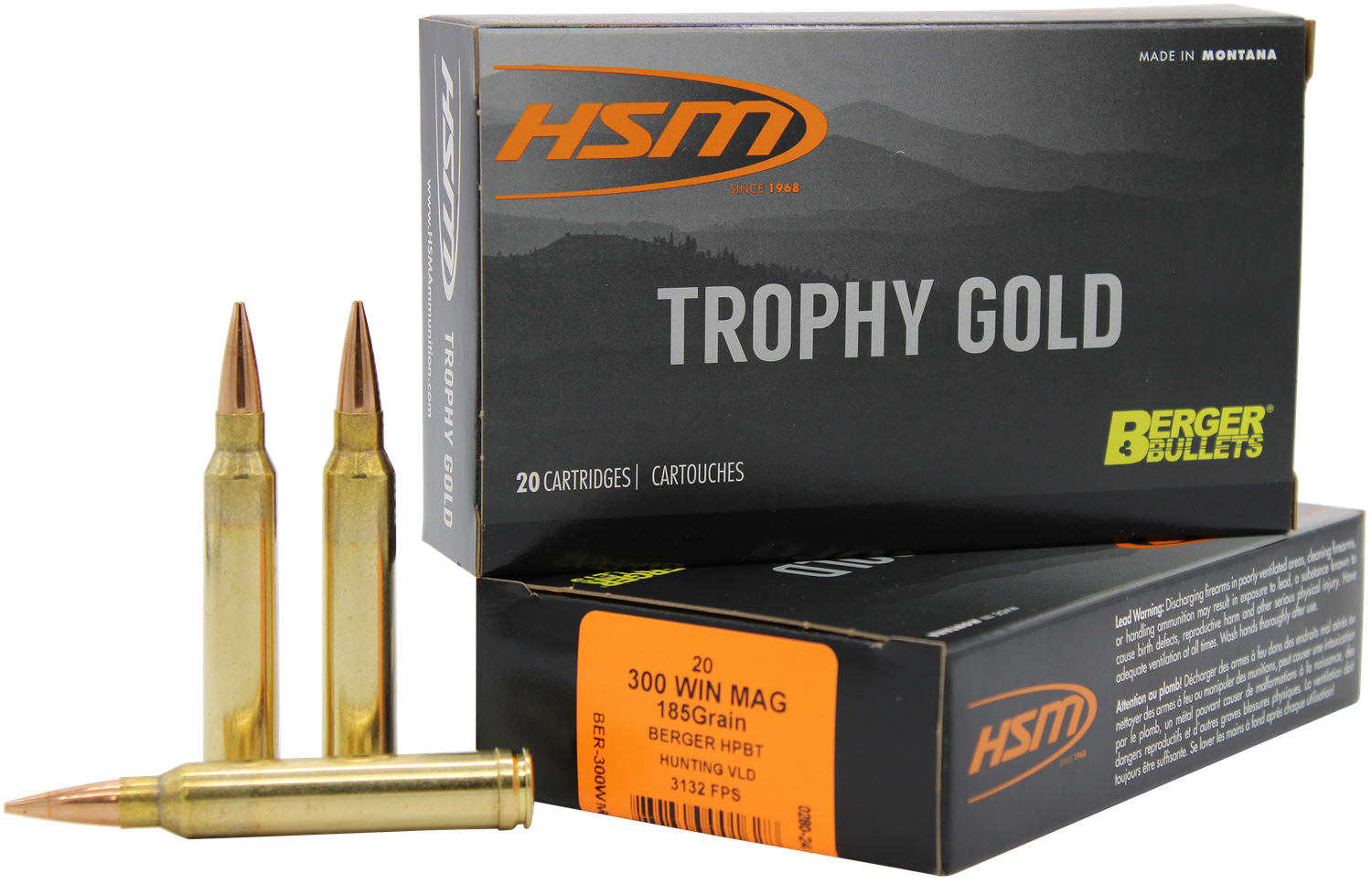 HSM Trophy Gold Rifle Ammunition 300WM185VLD, 300 Winchester Magnum, VLD, 185 GR, 3012 fps, 20 Rd/bx