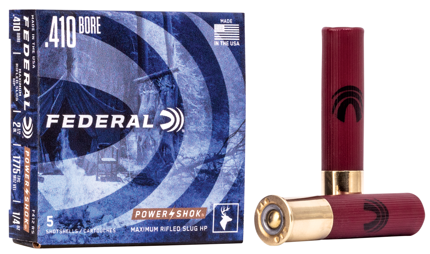 Federal Premium Power Shok F412RS, 410 Gauge, 2 1/2", 1/4 oz, 1780 fps, #Slug Lead Shot, 5 Rd/bx