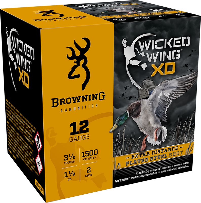 Browning Wicked Wing XD Waterfowl Extreme Distance Shotshells B193411242, 12 Gauge, 3 1/2", 1 1/2oz, 1500 fps, #2 Steel Shot, 25 Rds/Bx