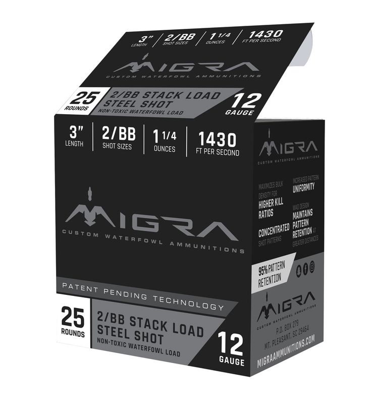 Migra Custom Waterfowl Shotshells M12S2BB, 12 Gauge, 3", 1 1/4oz, #2/BB Shot, 1430 fps, 25 Rds/Bx