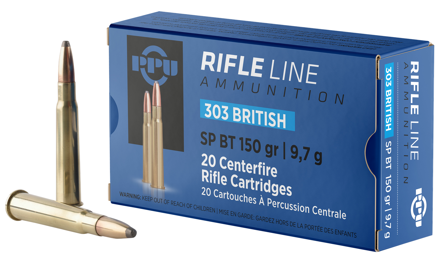 PPU Standard Rifle Ammunition PP303S1, 303 British, Soft Point Boat Tail, 150 GR, 2690 fps, 20 Rds/bx