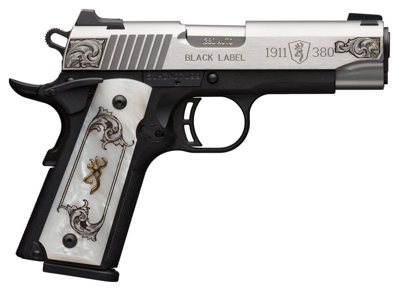 Browning Arms 1911 Black Label Medallion Pistol 051966492, 380 ACP, 4.25", White Pearl Grips, Engraved Stainless Finish, 10 Rds