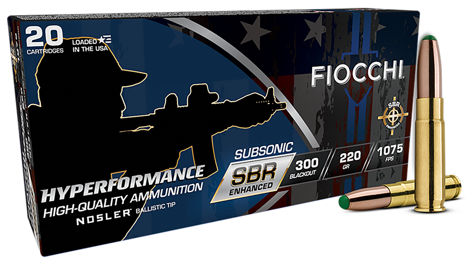 Fiocchi Hyperformance Rifle Ammunition 300BKSBS, 300 Blackout, Nosler BT, 220 gr, 1075 fps, 20 Rd/Bx