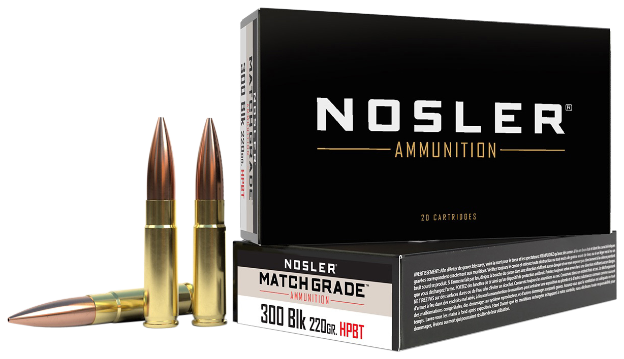 Nosler Match Grade Rifle Ammunition 51275, 300 AAC Blackout, Custom Competition, 220 GR, 1020 fps, 20 Rd/bx
