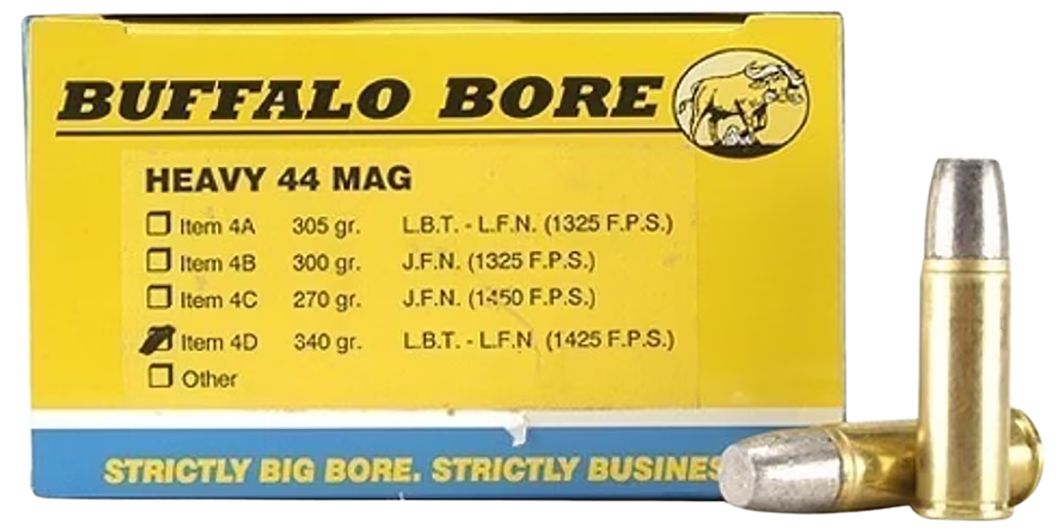 Buffalo Bore Handgun Ammunition 4D/20, 44 Magnum +P+, Lead Flat Nose (FN), 340 GR, 1478 fps, 20 Rd/Bx