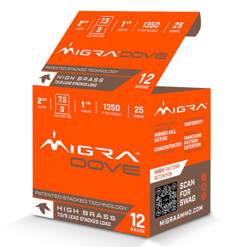 Migra High Brass Stacked Dove Shotshells M12UD759, 12 Gauge, 2 3/4", 1 1/4 oz, 1350 fps, 7.5/9 Shot, 25 Rd/bx