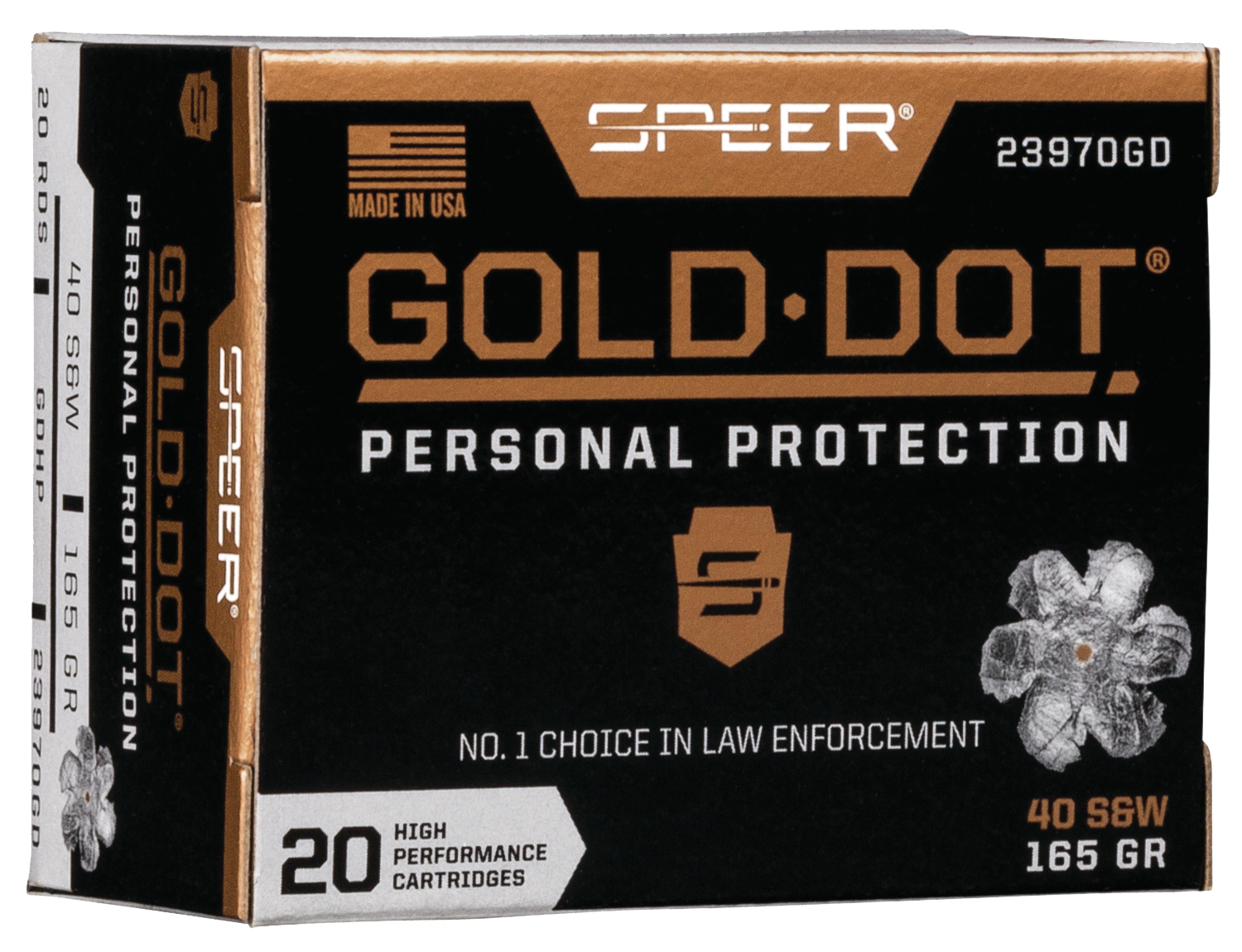 Speer Gold Dot Personal Protection Handgun Ammunition 23970GD, 40 S&W, Gold Dot HP, 165 GR, 1150 fps, 20 Rd/bx