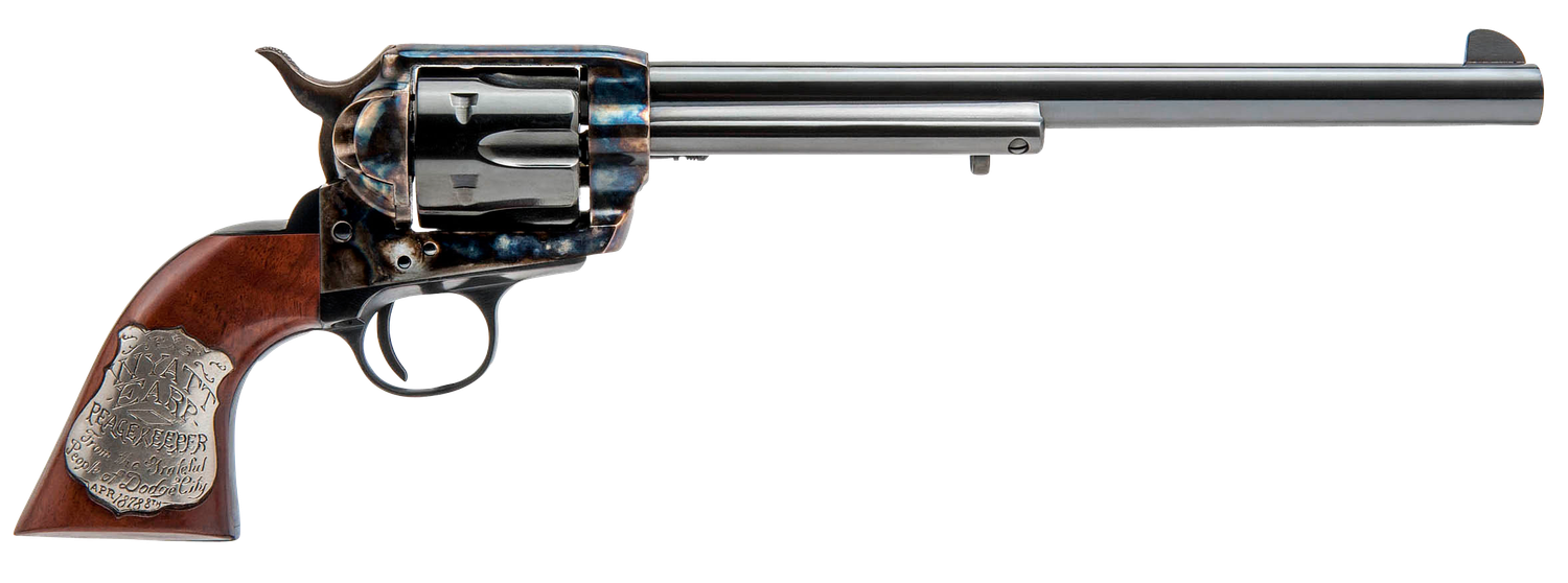 Cimarron Hollywood Series Wyatt Earp Frontier Buntline Revolver CA558, 45 Colt (LC), 10in, Walnut with Inlaid Silver Medallion, Steel Frame Finish, 6 Rds