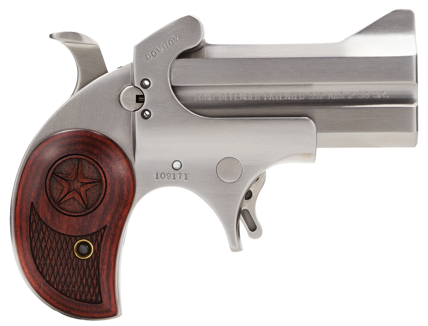 Bond Arms Cowboy Defender Derringer BACD357MAG, 357 Magnum, 3", Rosewood/Black Ash Grip, Satin Stainless Finish, 2 Rds