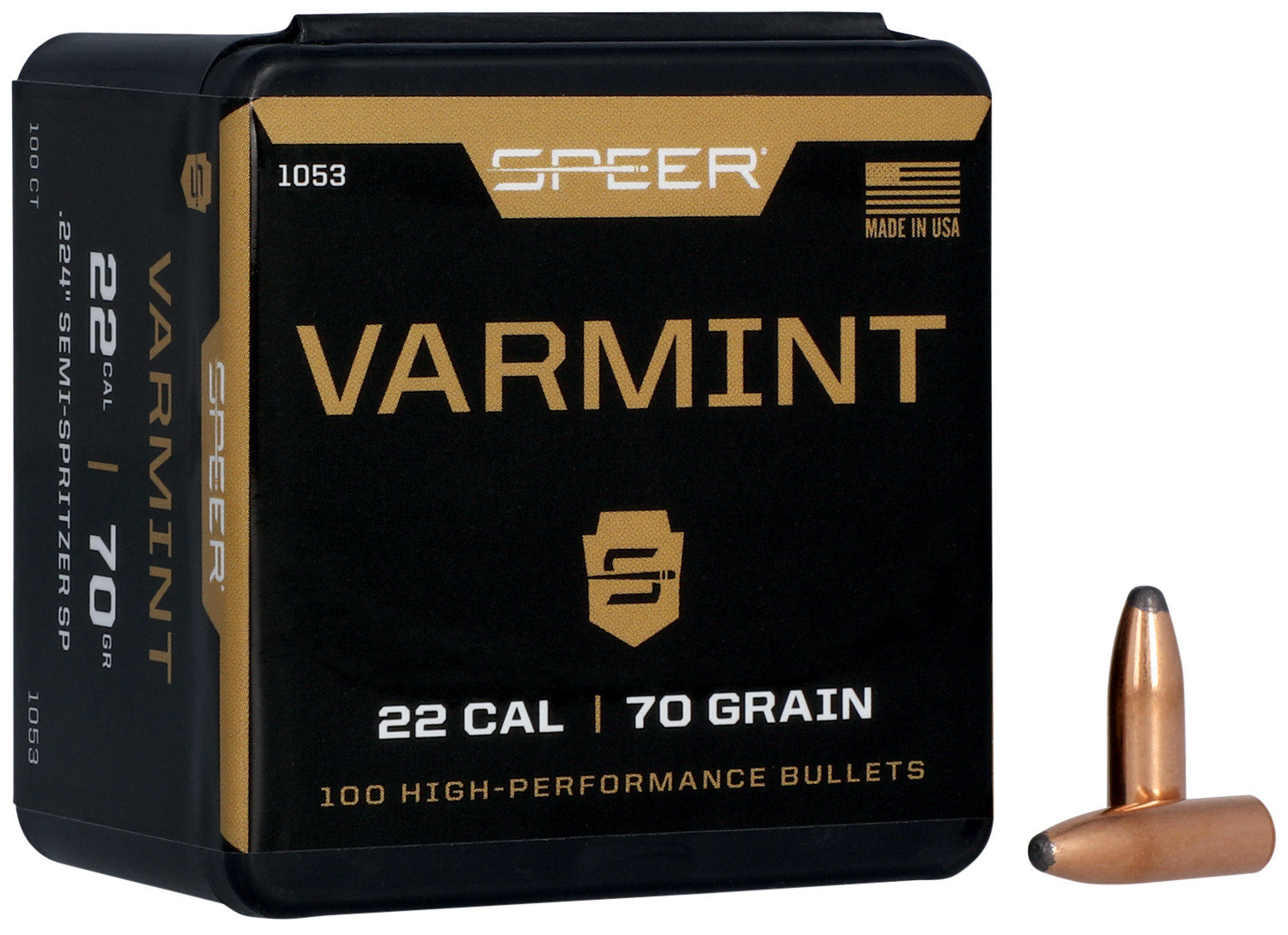 Speer 22 Caliber 70 Grain Semi-Spitzer 100/Box (1053), Not Loaded