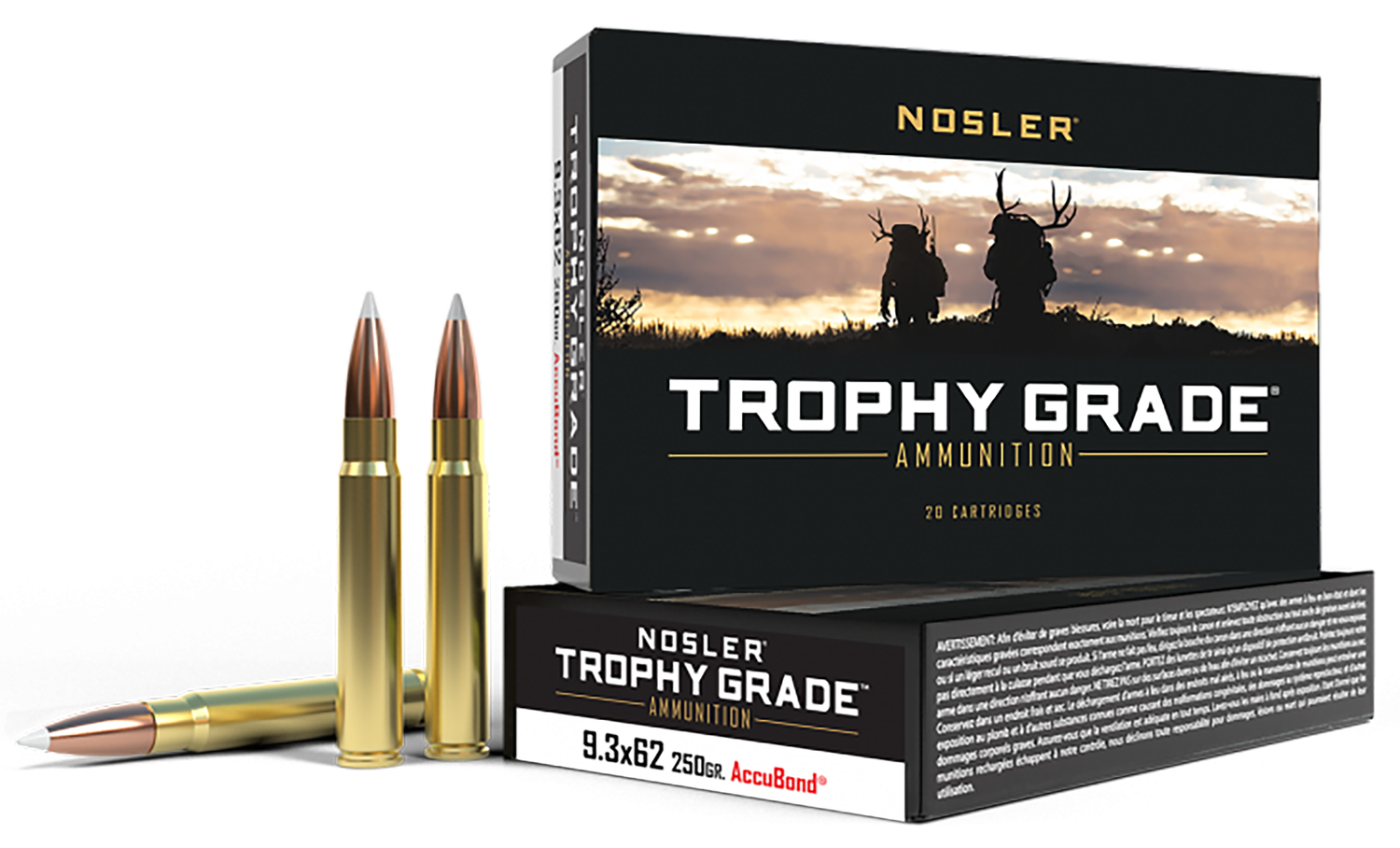 Nosler Trophy Grade Rifle Ammunition 48634, 9.3mmX62 Mauser, AccuBond, 250 GR, 2550 fps, 20 Rd/Bx