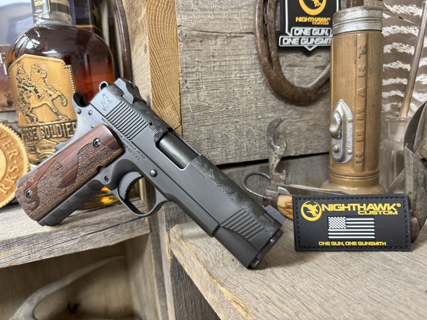 Nighthawk Custom CCS Commander 0681, 9mm, 4.25", Moonhawk Engraved Wood Grips, DLC Finish, Topographic Engraving, Optic Ready, 8 Rds