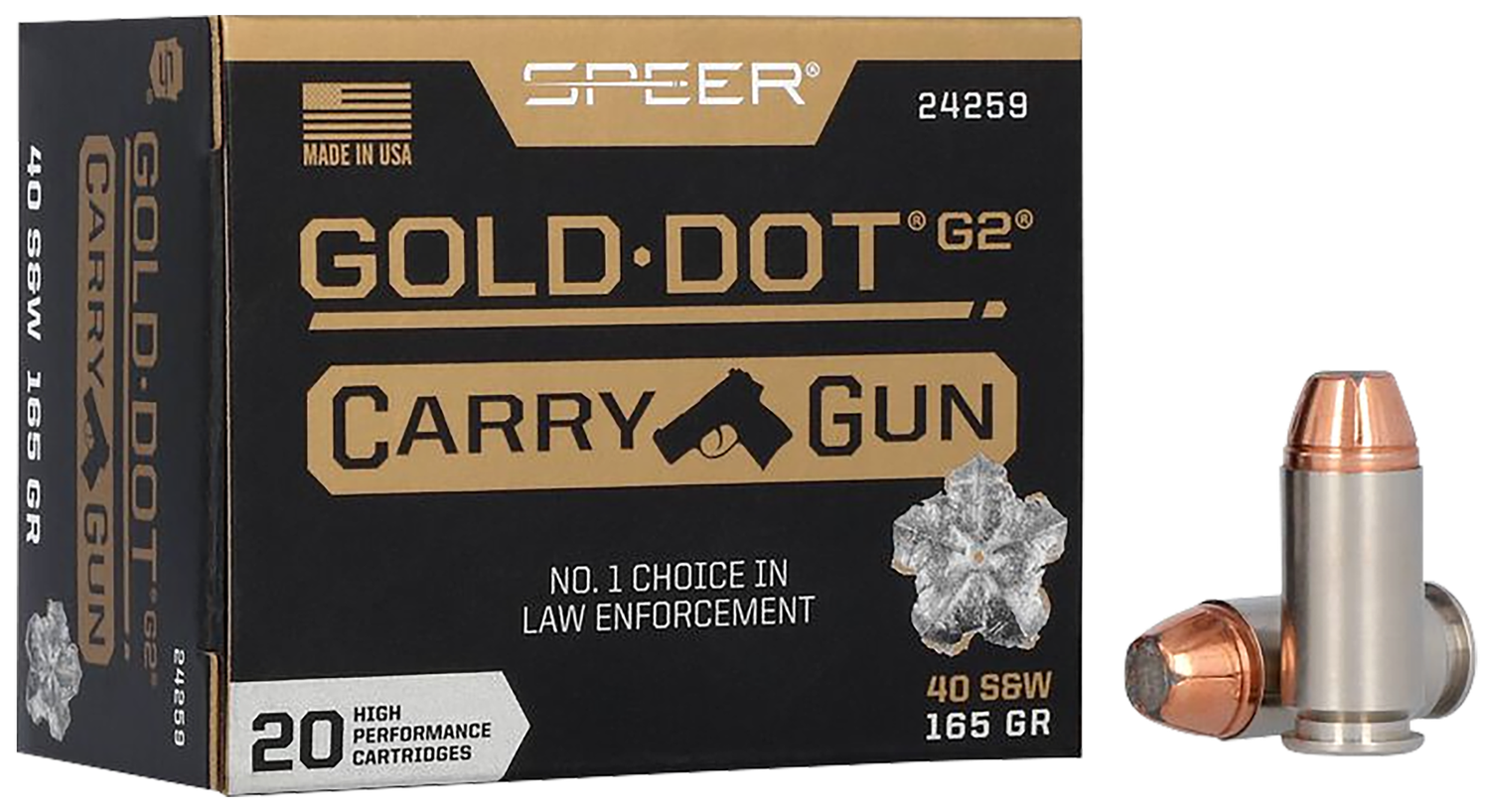 Speer Gold Dot Carry Pistol Ammunition 24259, 40 S&W, Hollow Point (HP), 165 gr, 20 Rd/Bx