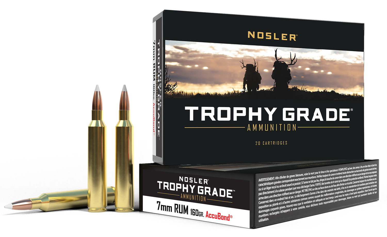 Nosler Trophy Grade Rifle Ammunition 60048, 7 MM Remington Ultra Mag, AccuBond, 160 GR, 3225 fps, 20 Rd/bx