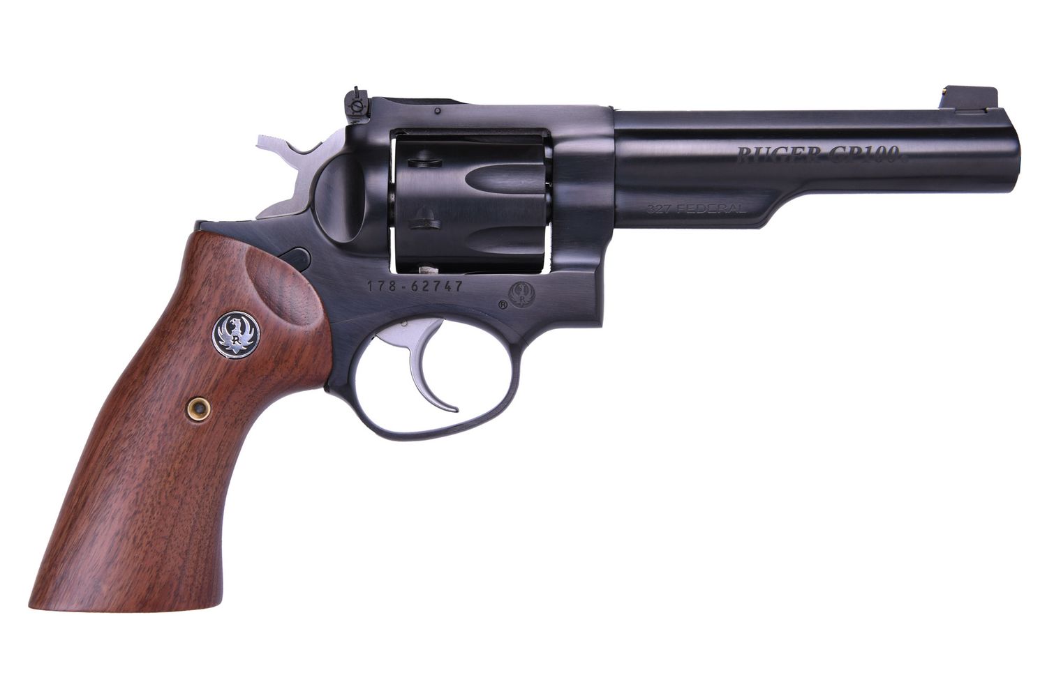 Ruger GP100 Revolver 1769, 327 Fed Mag, 5in, Smooth Walnut Grips, Blued Finish, Gold Bead Front Sight, 7 Rds
