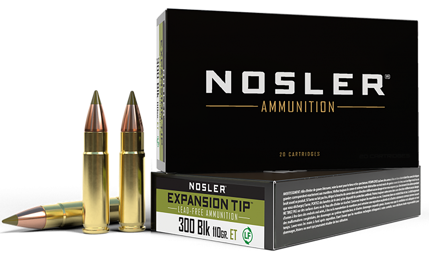 Nosler E-Tip Rifle Ammunition 40660, 300 Blackout, E-Tip Lead-Free, 110 gr, 2300 fps, 20 Rd/Bx