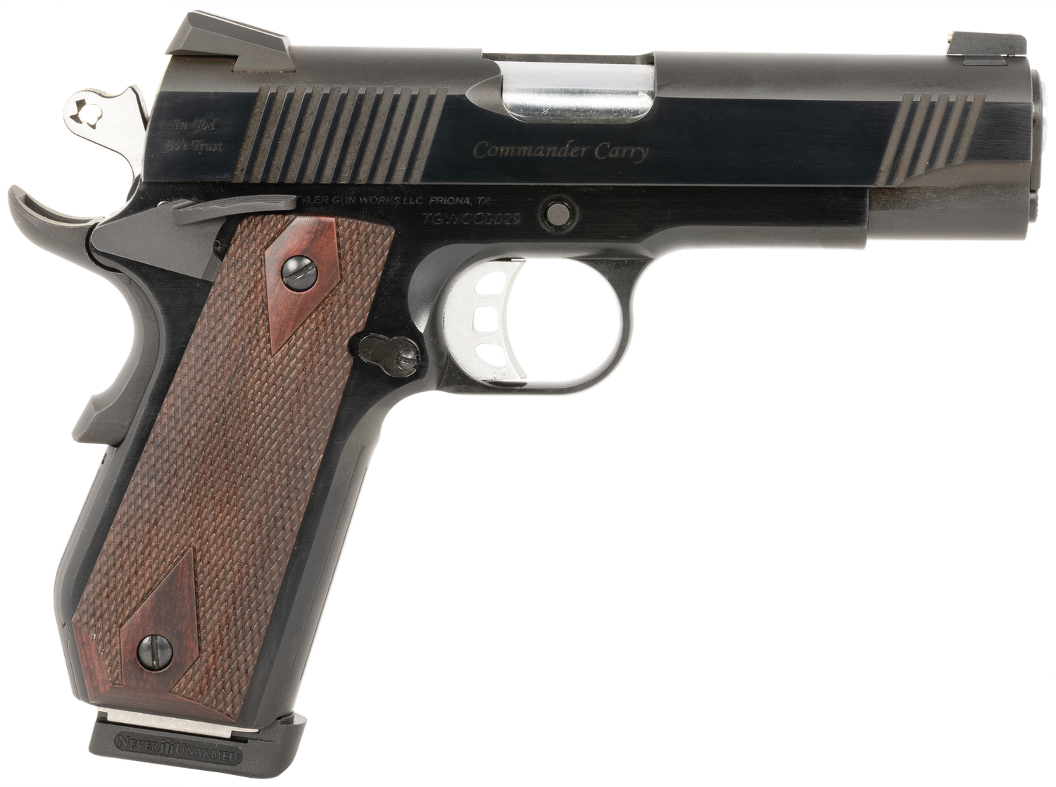 EAA Custom 1911 Commander Pistol TGWCMBL45, 45 ACP, 4.25in, Walnut Grips, Blued Finish, 7 Rds