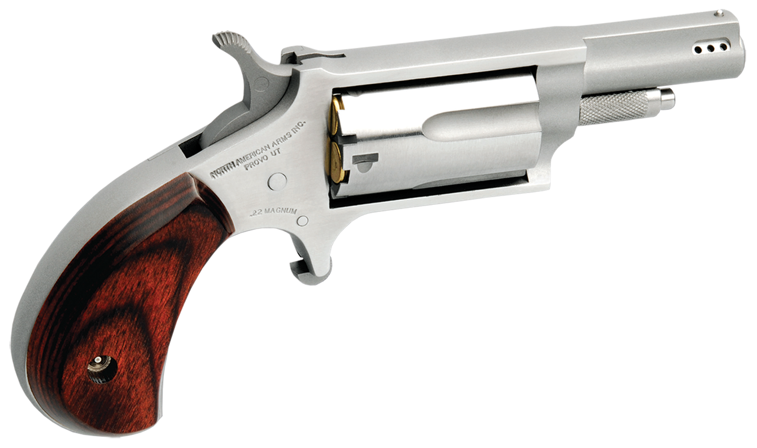 North American 22 Magnum Mini-Revolver Ported North American22MP, 22 Magnum (WMR), 1.63 in, Rosewood Grip, Stainless Finish, 5 Rd