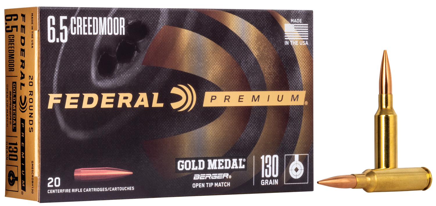 Federal Premium Gold Medal Berger Rifle Ammunition GM65CRDBH130, 6.5 Creedmoor, Open Tip Match, 130 GR, 2875 fps, 20 Rd/Bx