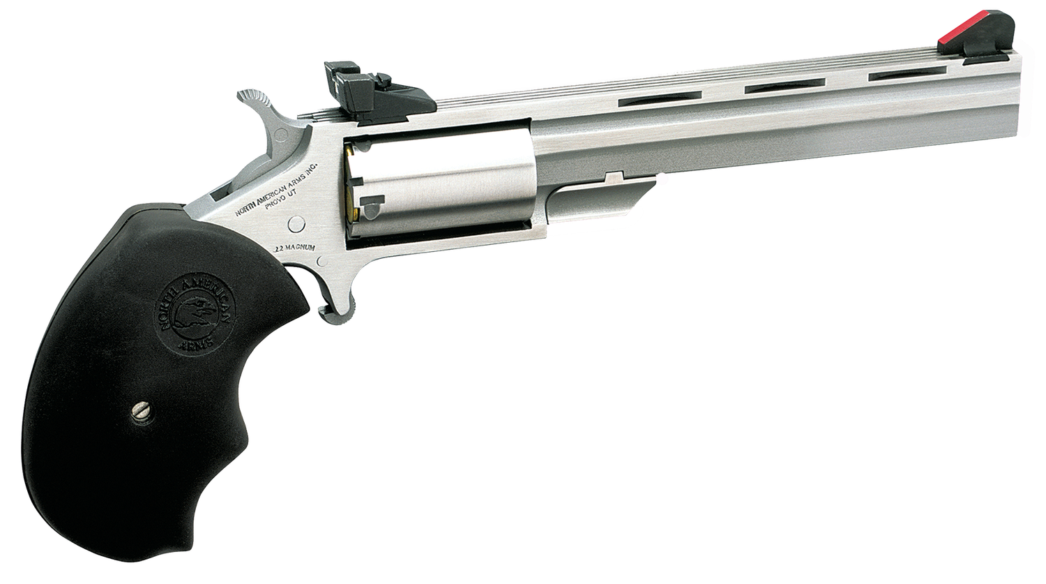 North American Mini Master Revolver MMTM, 22 Magnum (WMR), 4", Black Rubber Grip, Stainless Finish, 5 Rd, Adjustable Sights