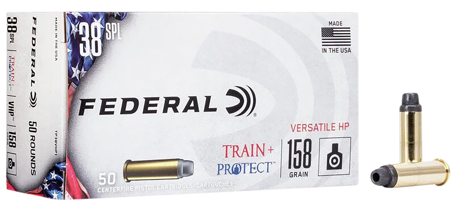 Federal Train & Protect Pistol Ammunition TP38VHP1, 38 Special, Versatile Hollow Point, 158 gr, 50 Rd/Bx