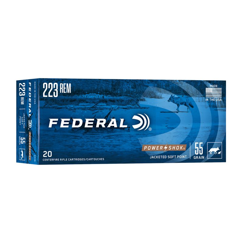 Federal Premium Power Shok Rifle Ammunition 223A, 223 Remington, Soft Point (SP), 55 GR, 3240 fps, 20 Rd/bx