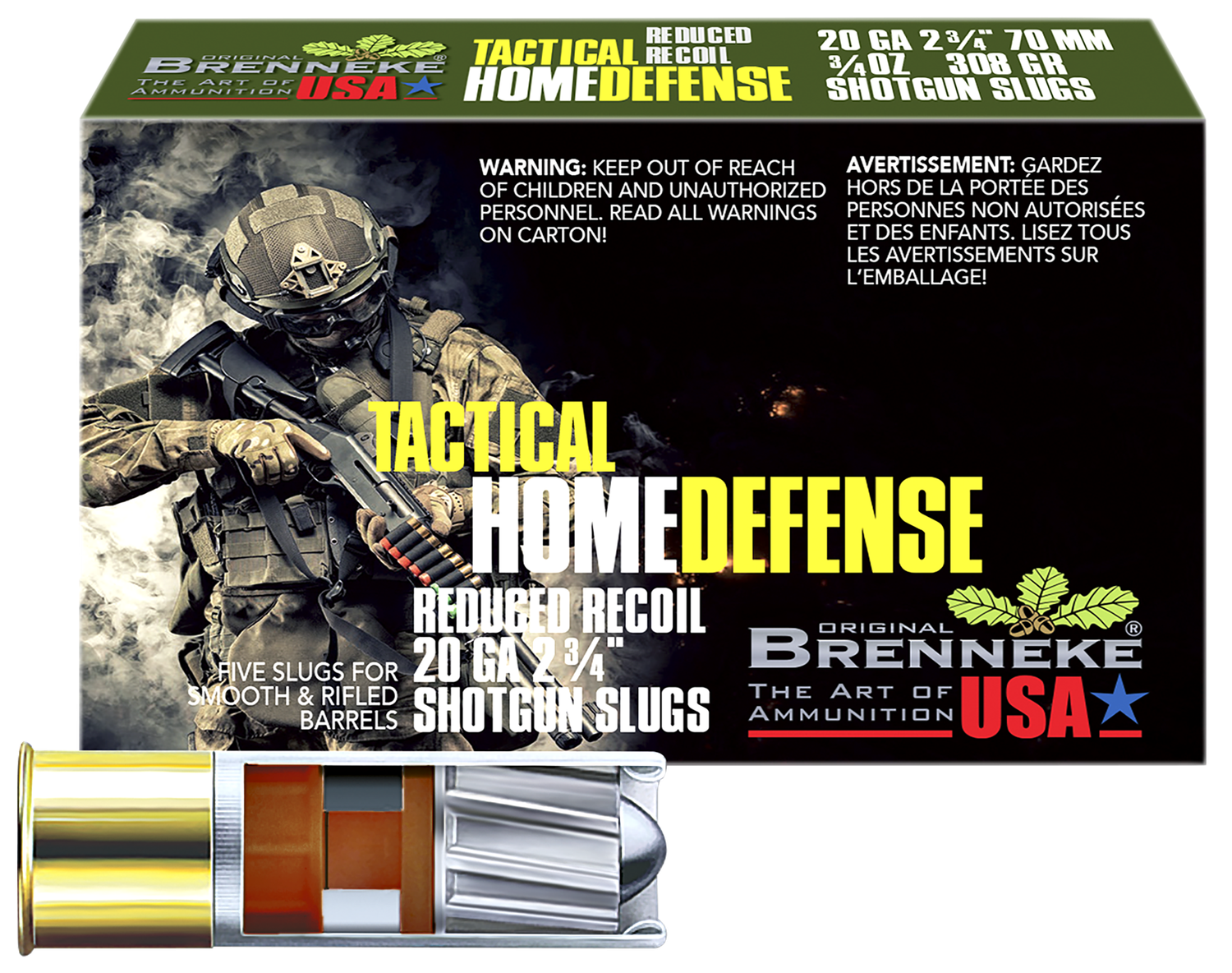 Brenneke THD Home Defense Shotshells SL202THD, 20 Gauge, 2-3/4", 3/4 oz, 1250 fps, Slug, 5 Rds/box