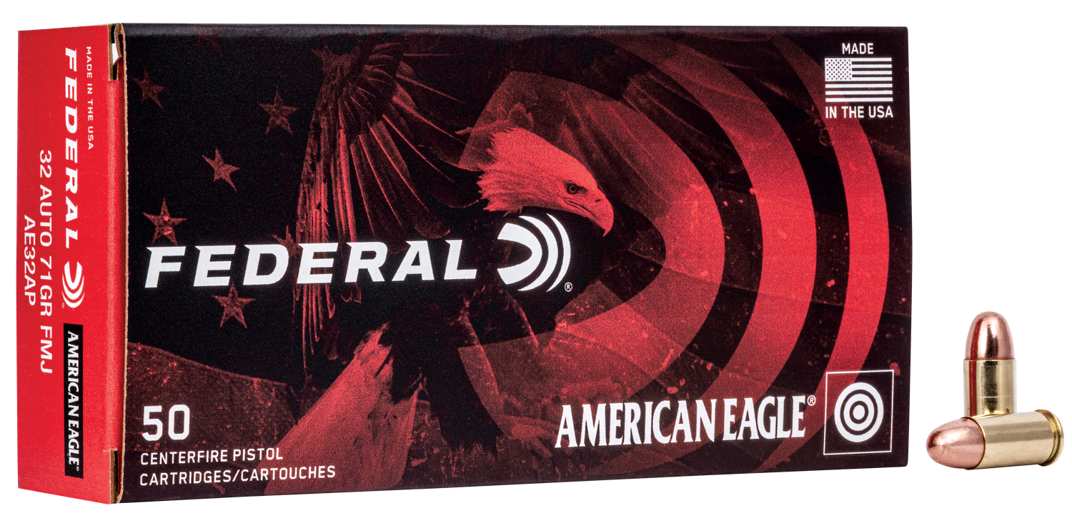 Federal American Eagle Pistol Ammunition AE32AP, 32 ACP, Full Metal Jacket (FMJ), 71 GR, 910 fps, 50 Rd/bx