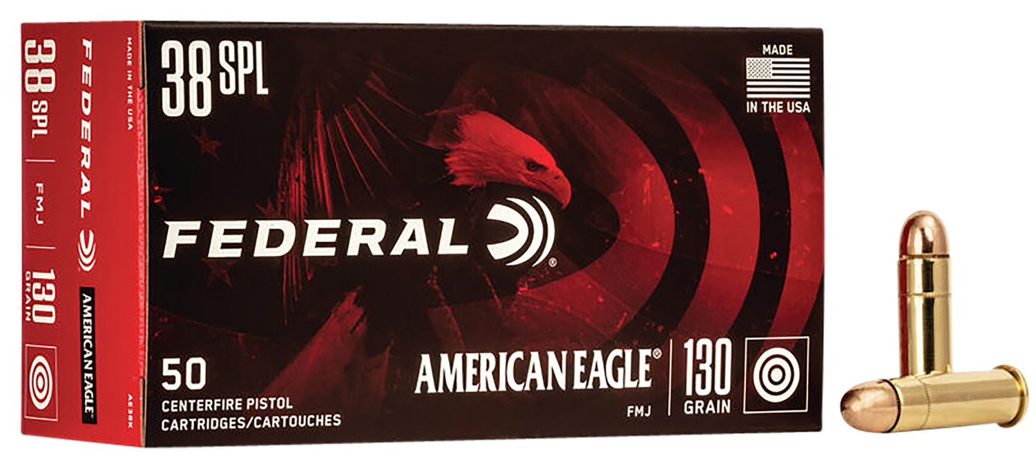 Federal American Eagle Handgun Ammunition AE38K, 38 Special, Full Metal Jacket (FMJ), 130 GR, 890 fps, 50 Rd/bx