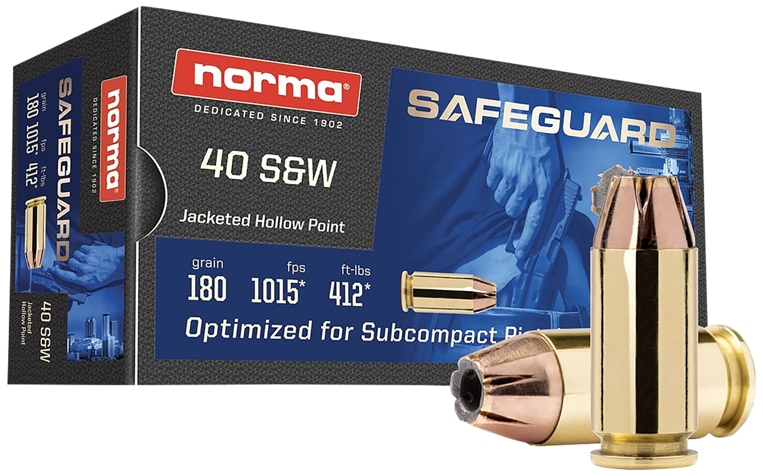 Norma Safeguard Pistol Ammunition 801407727, 40 S&W, JHP, 180 gr, 1015 fps, 50 Rd/Bx