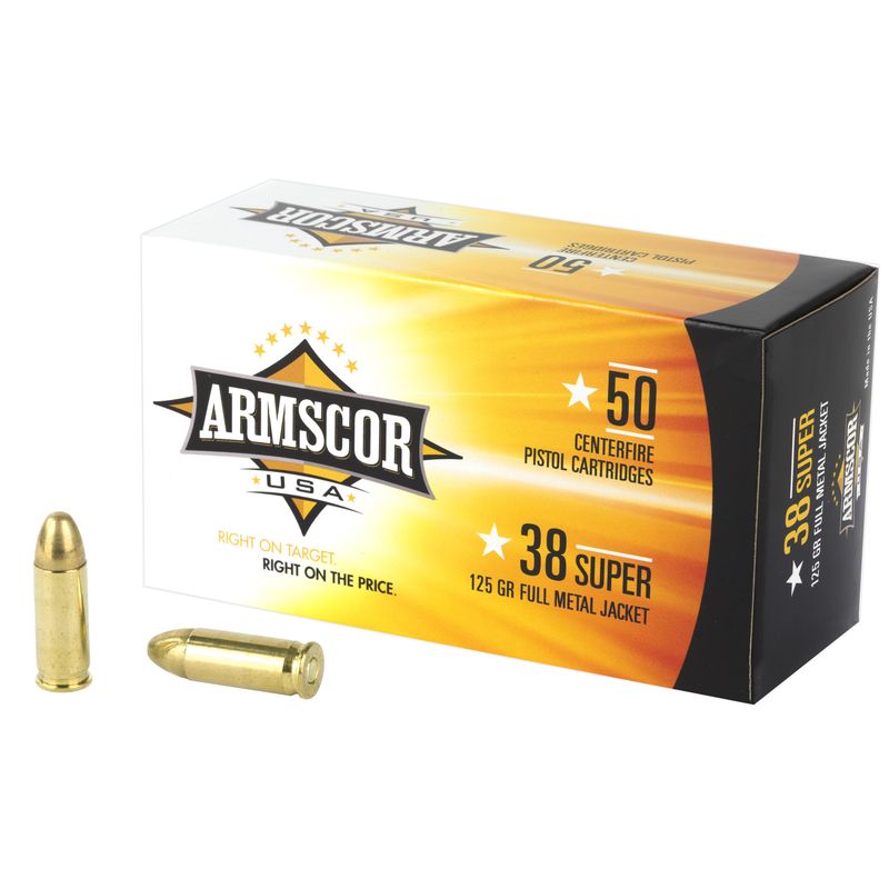 Armscor Pistol Ammunition FAC38SUPER-1N, 38 Super, Full Metal Jacket, 125 GR, 50 Rd/bx