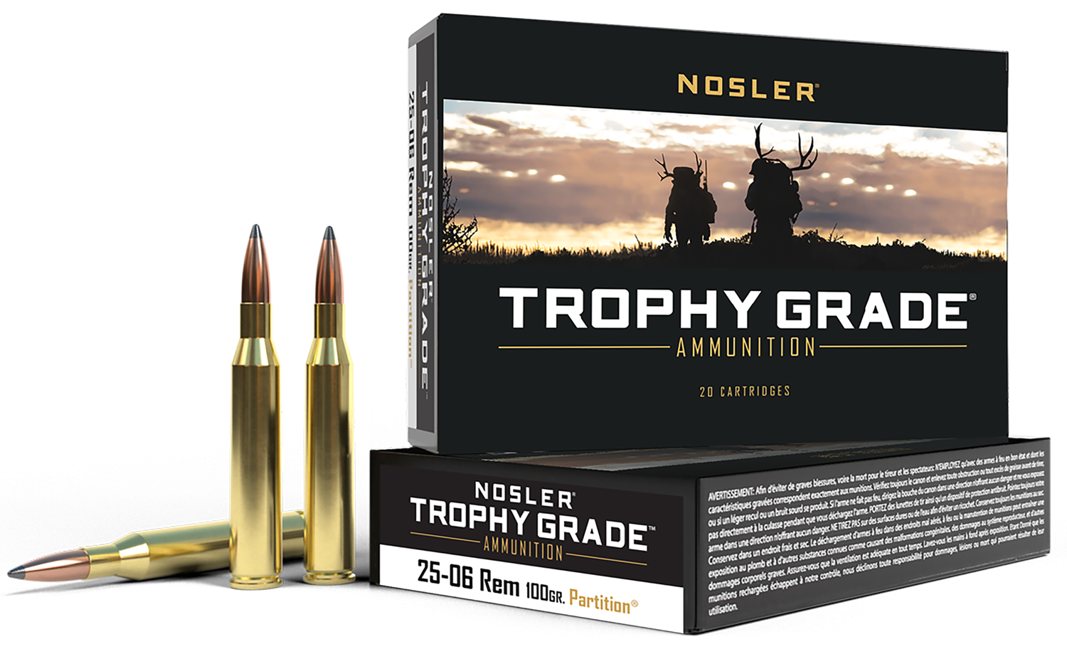Nosler Trophy Grade Rifle Ammunition 60005, 25-06 Remington, Partition, 100 GR, 3300 fps, 20 Rd/bx