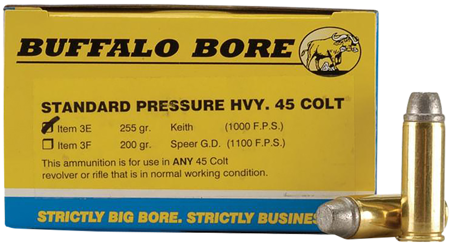 Buffalo Bore Handgun Ammunition 3E/20, 45 Colt, Soft Case, 255 GR, 1000 fps, 20 Rd/Bx