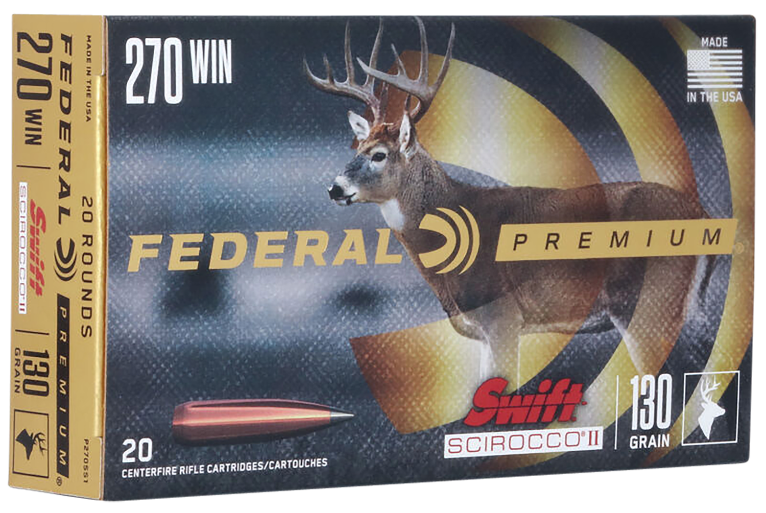Federal Premium Rifle Ammunition P270SS1, 270 Win, Swift Scirocco II, 130 gr, 3050 fps, 20 Rd/Bx