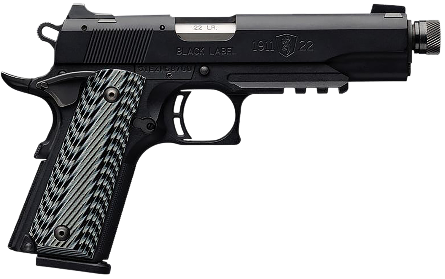 Browning 1911-22 Black Label Suppressor Ready Single Action Pistol 051820490, 22LR, 4 7/8", G10 Grip, Black Finish