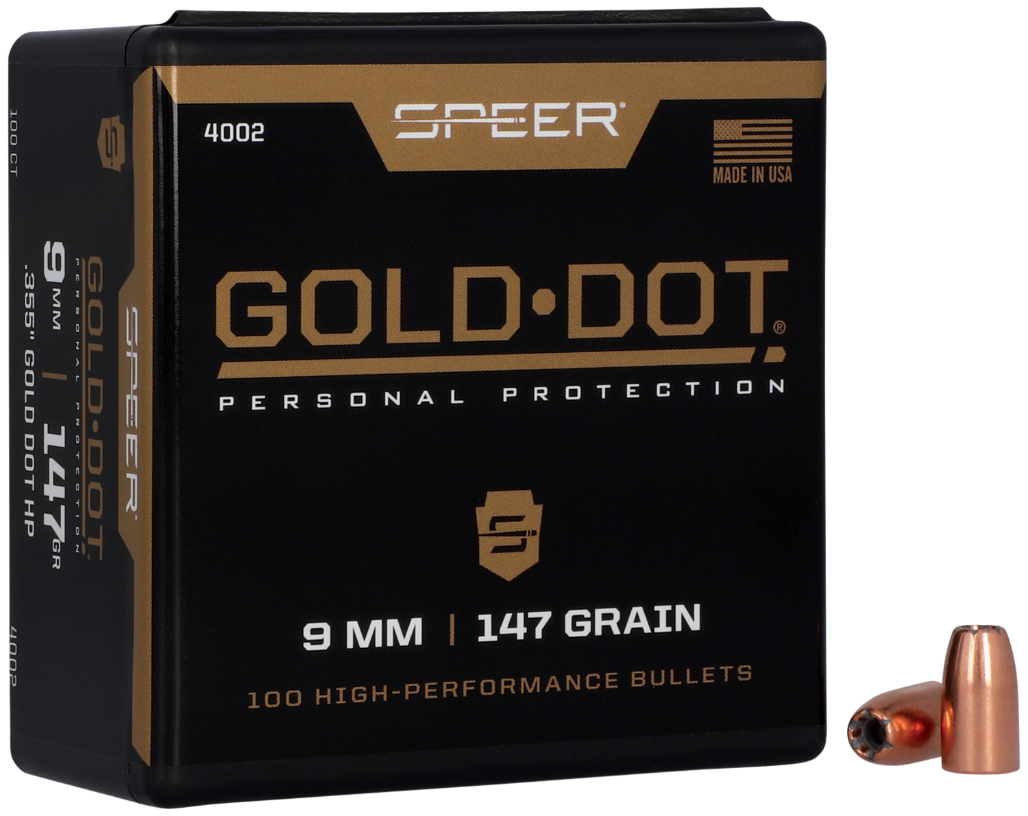 Speer 9MM Caliber 147 Grain Gold Dot Hollow Point 100/Box (4002), Not Loaded
